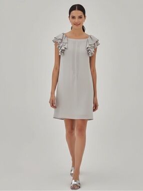 Floreat Anthropologie Gray Silver Silk Ruffle Sleeve Shift Dress Sz 4 Pintuck.